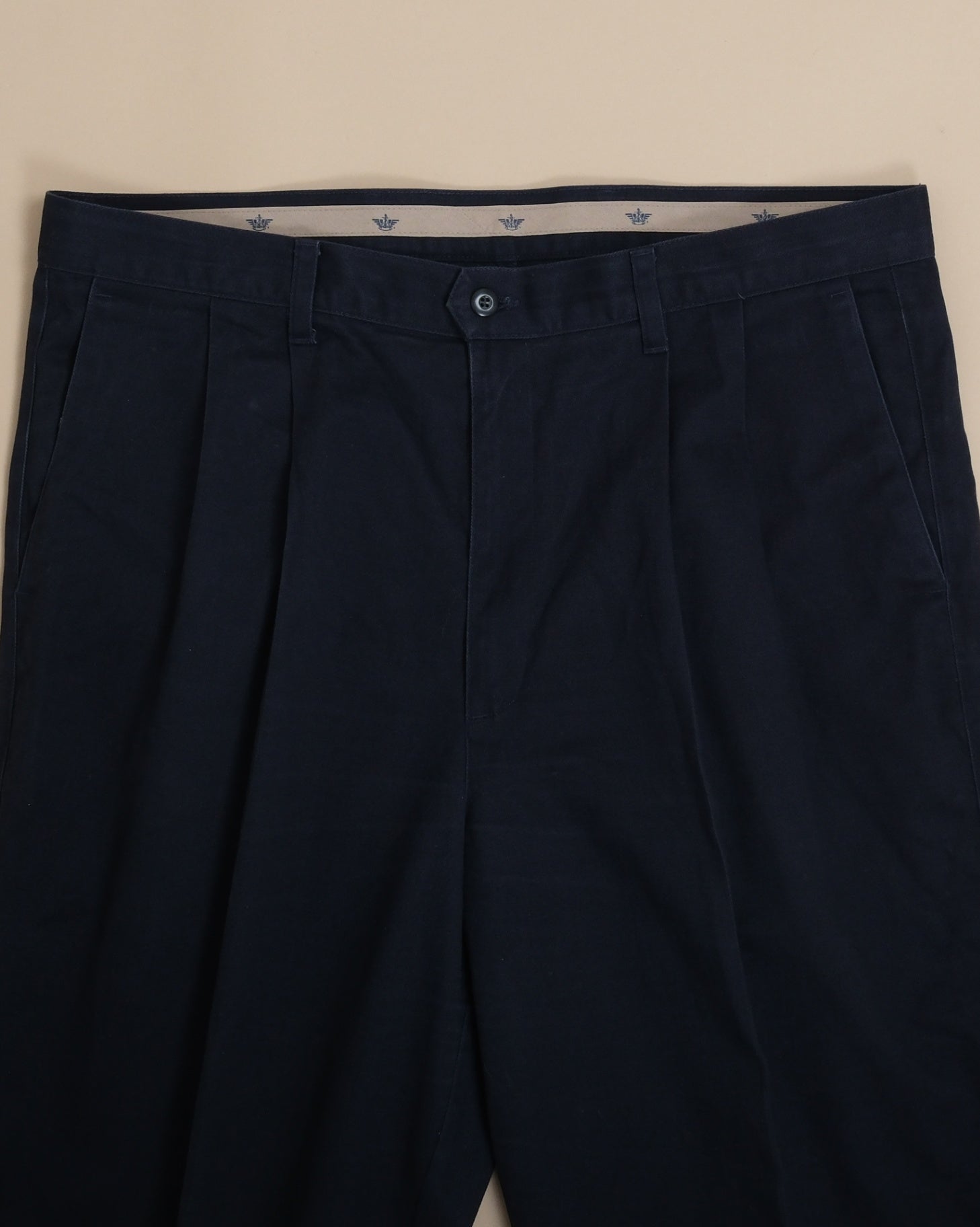Navy Cotton Twill High-Rise Pleated Trousers