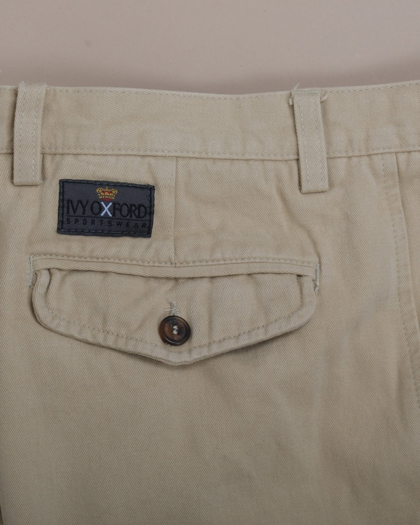 Warm Beige Cotton Twill High-Rise Pleated Trousers