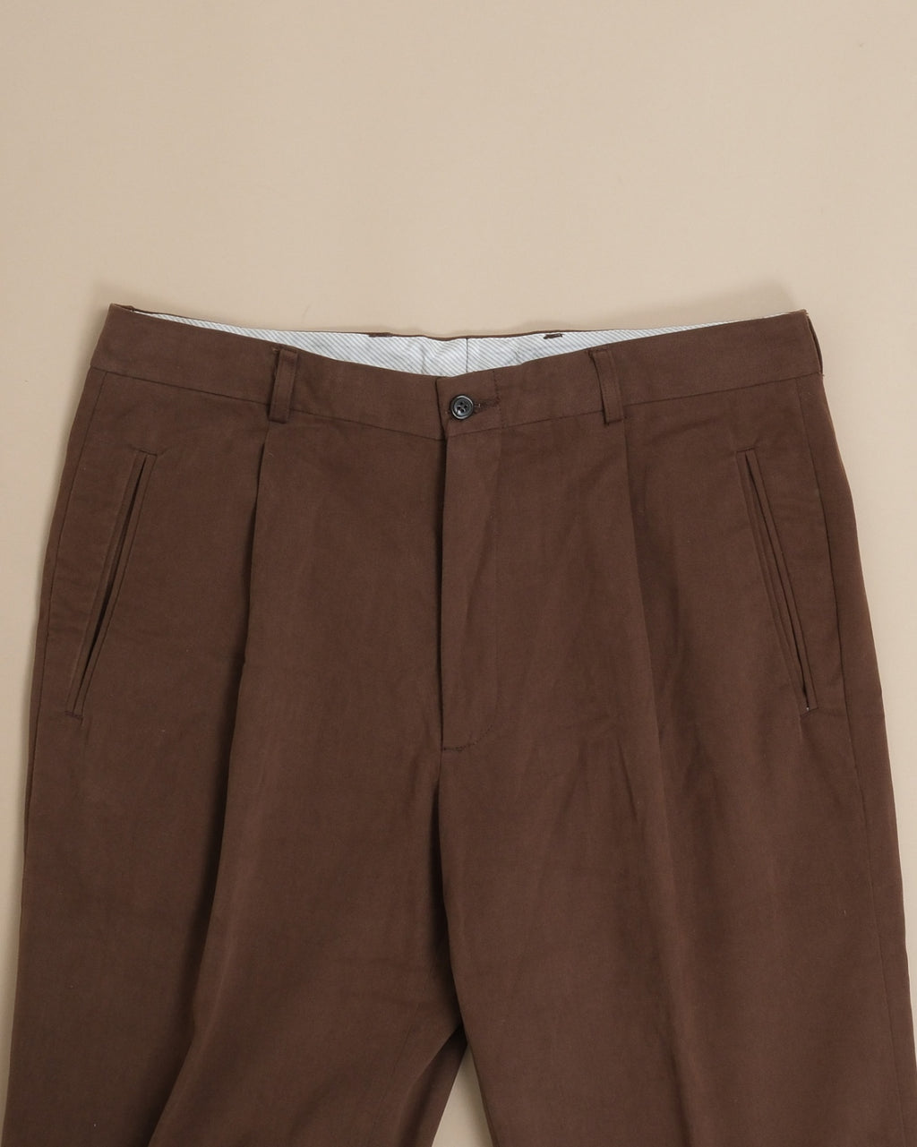 Dark Brown Cotton Twill High-Rise Pleated Trousers