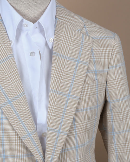 Beige/Blue Prince of Wales Worsted Wool Sports Jacket