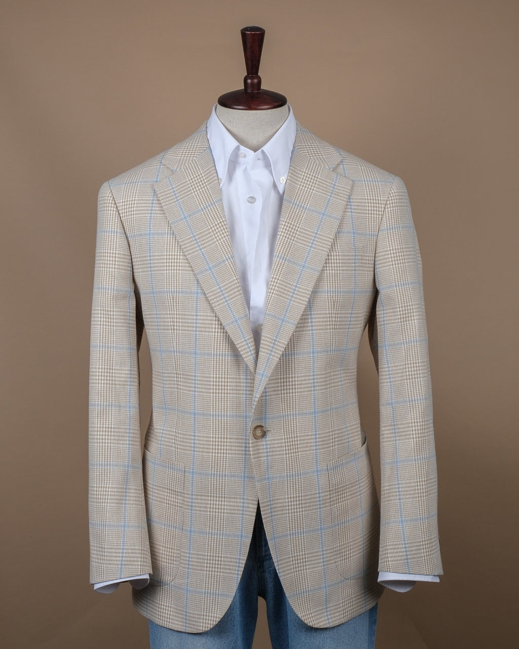 Beige/Blue Prince of Wales Worsted Wool Sports Jacket