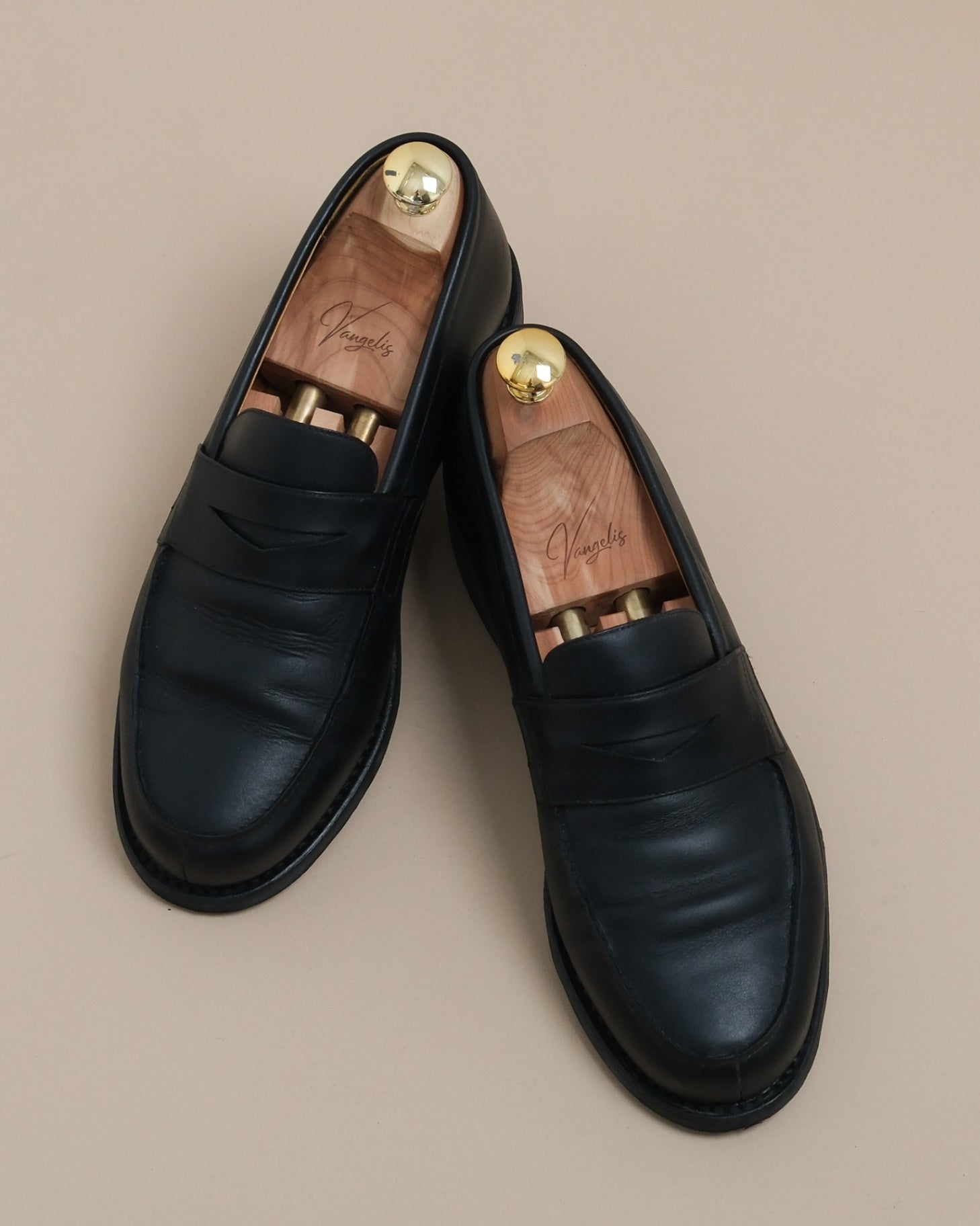 Black Leather Split-Toe Penny Loafers
