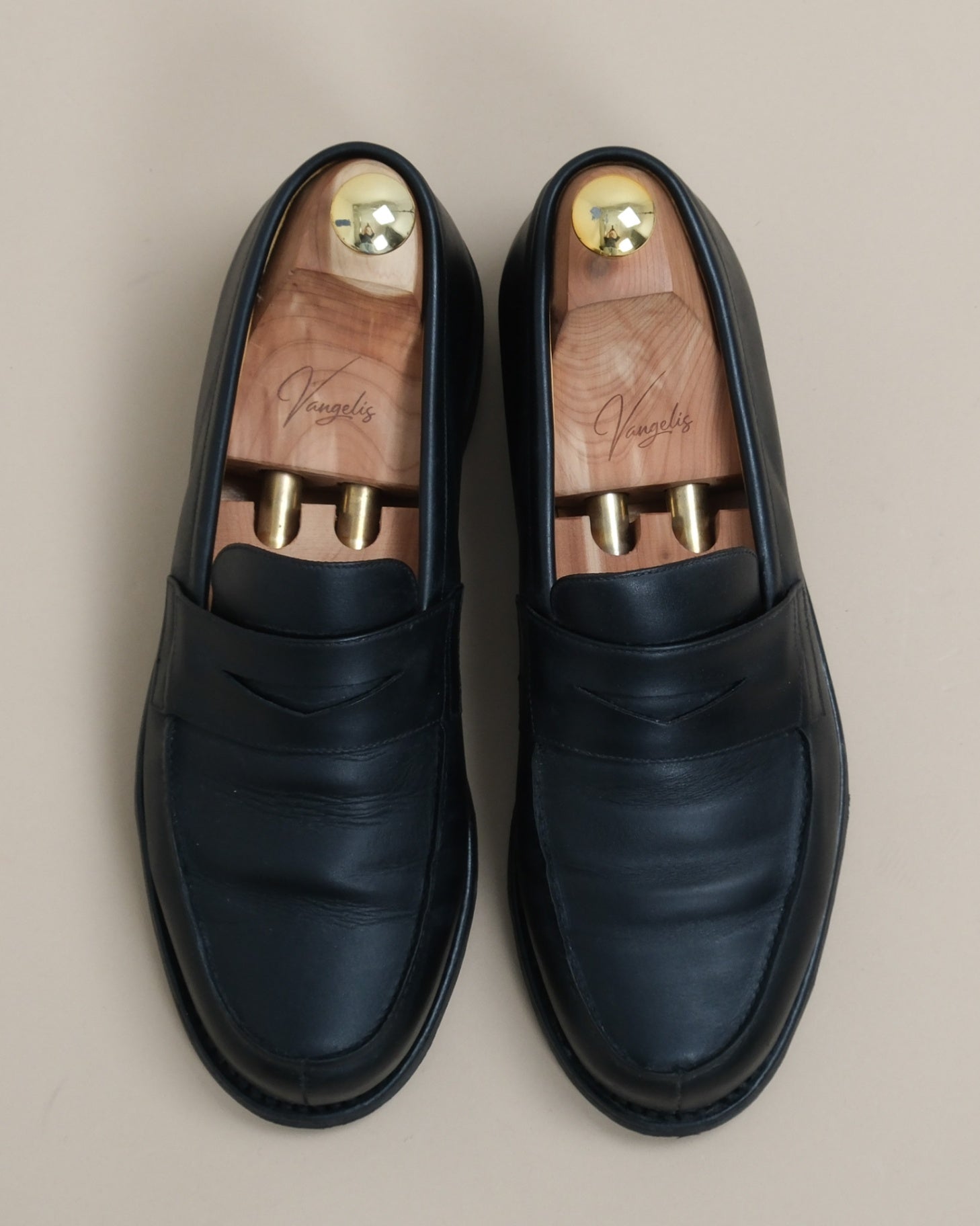 Black Leather Split-Toe Penny Loafers