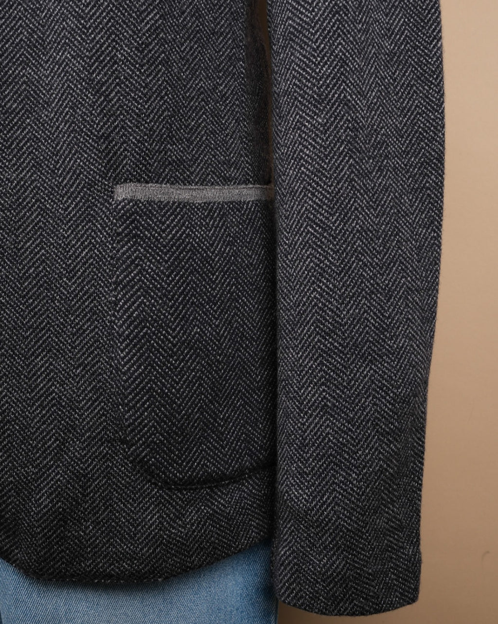 Grey Herringbone Knitted Virgin Wool Sports Jacket