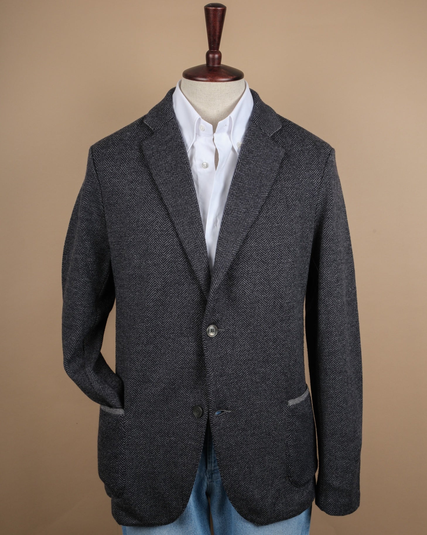 Grey Herringbone Knitted Virgin Wool Sports Jacket