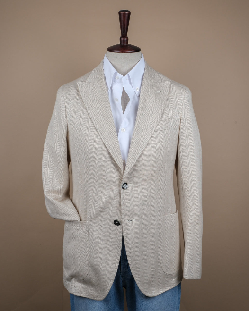 Unlined Beige Herringbone Cotton Sports Jacket