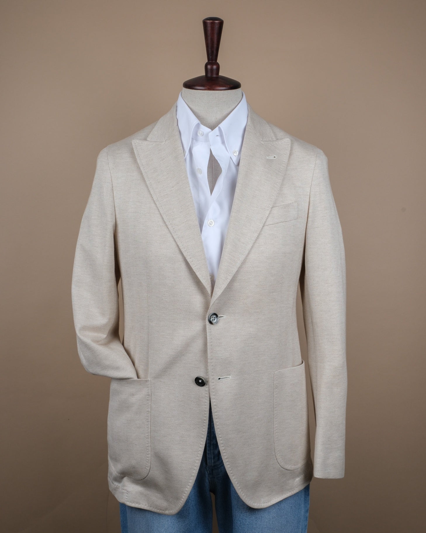 Unlined Beige Herringbone Cotton Sports Jacket