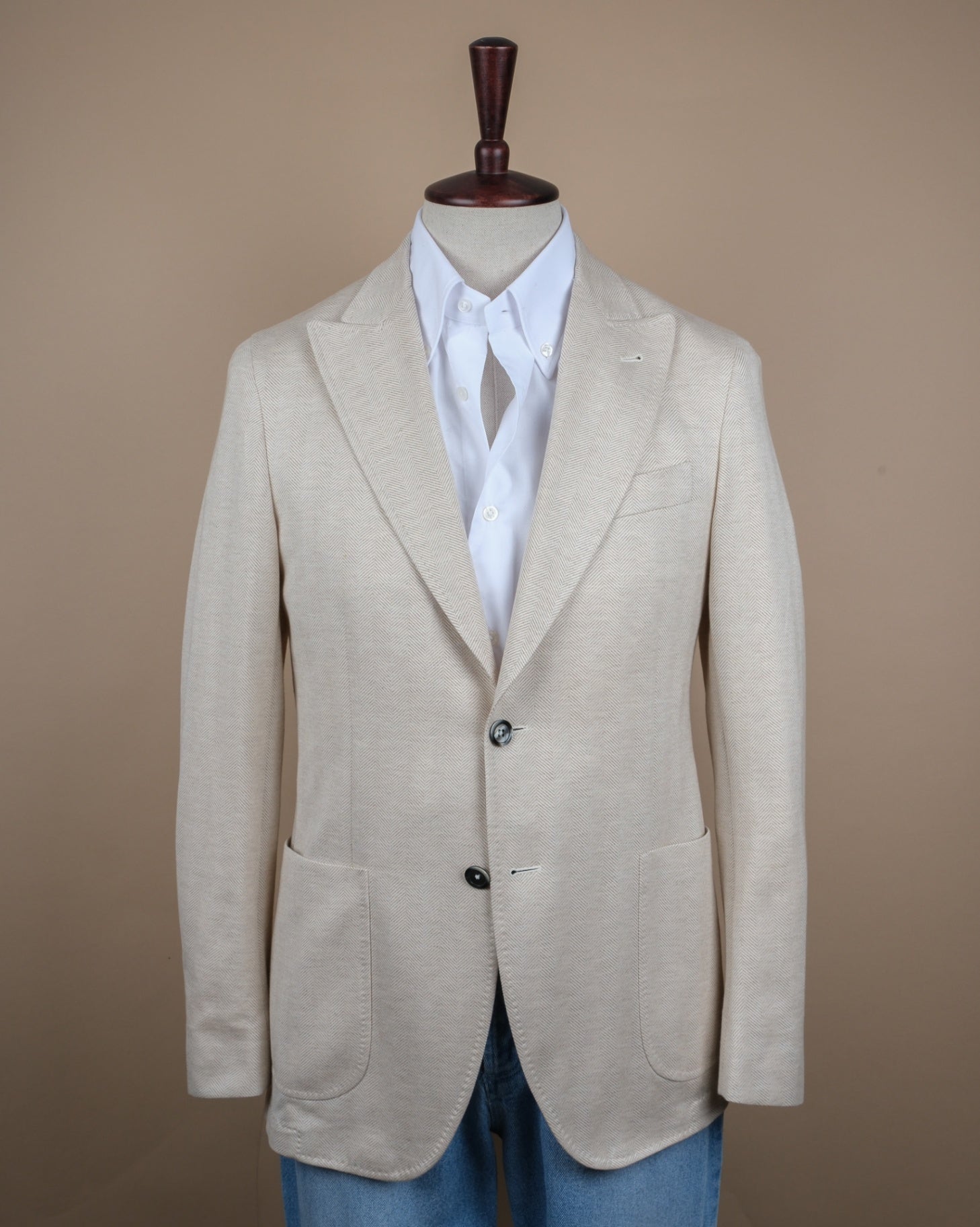 Unlined Beige Herringbone Cotton Sports Jacket