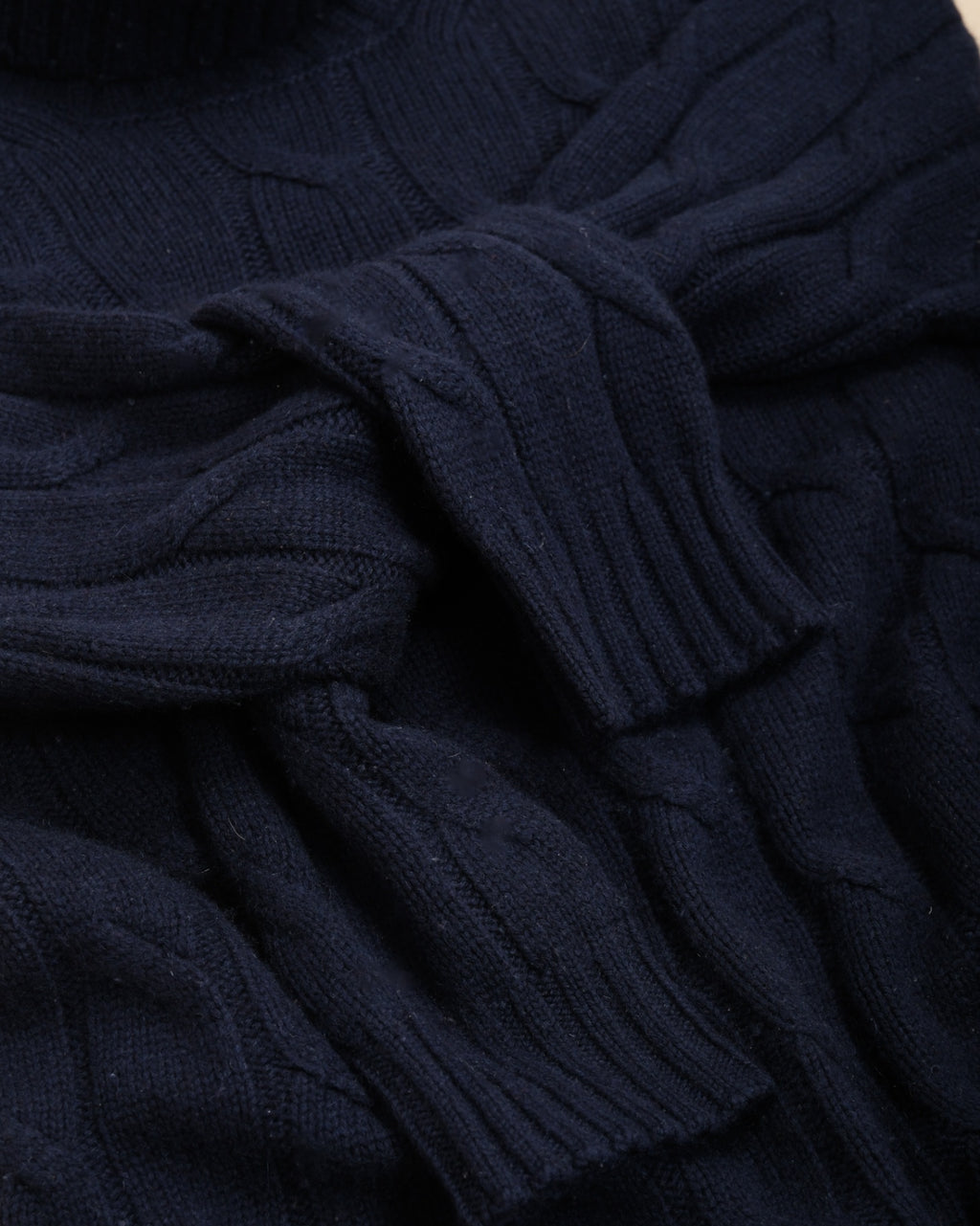 Navy Heavy Cable Knitted Cashmere Rollneck