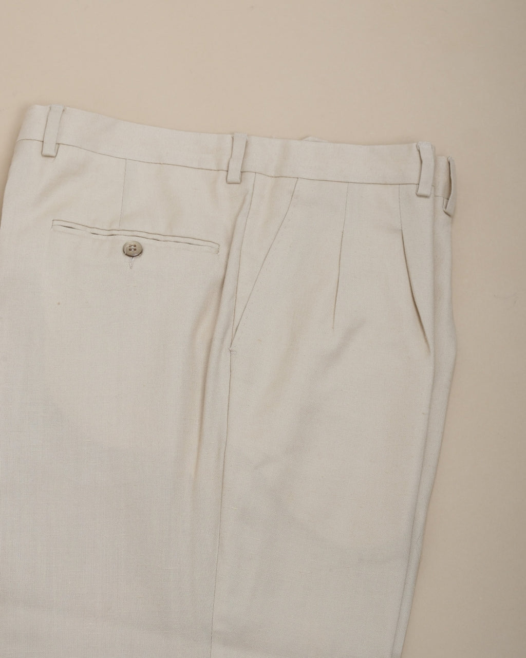 Beige Pleated Linen Blend Trousers