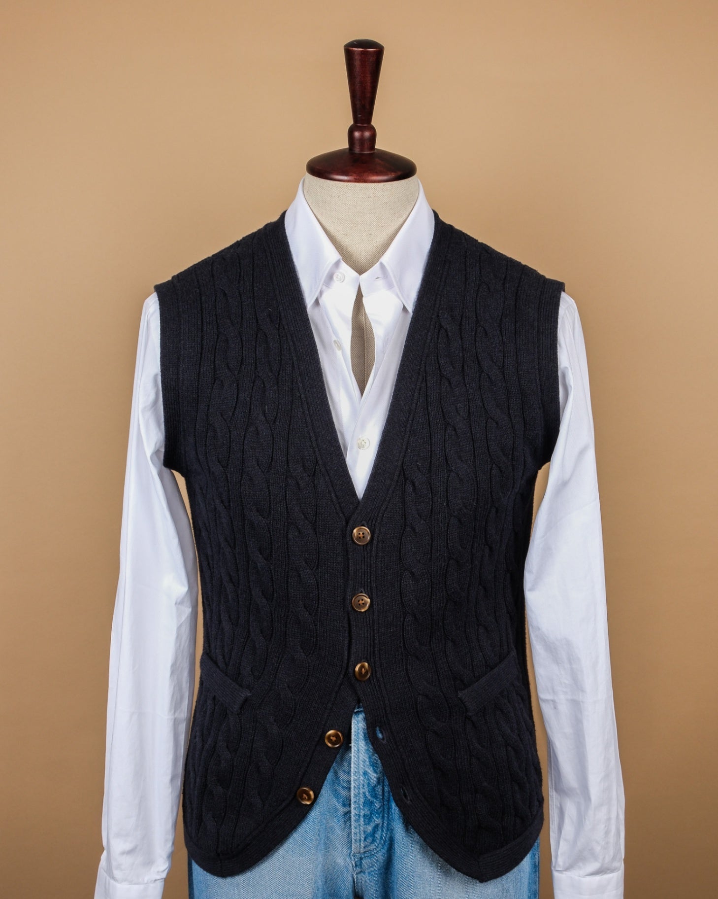 Navy Cable Knitted Sleeveless Cardigan