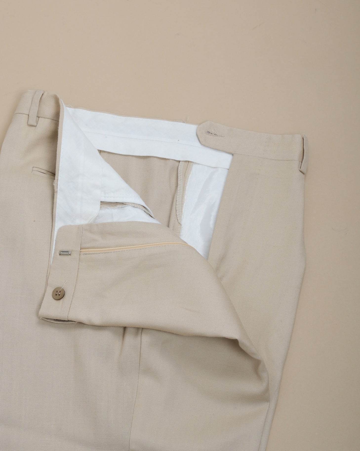 Beige Pleated Linen Blend Trousers