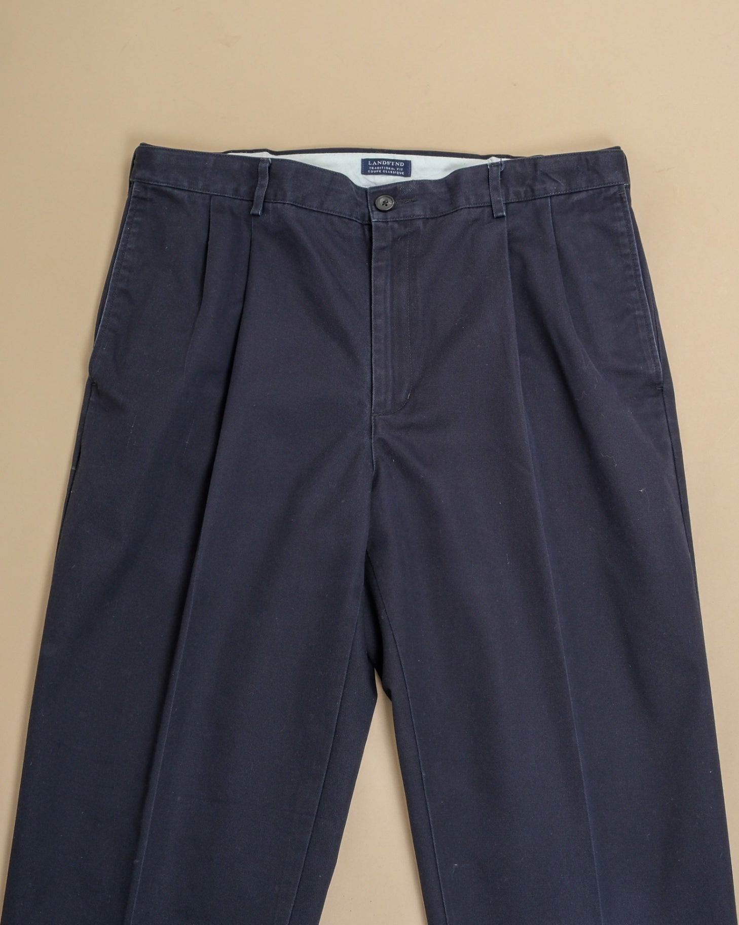 Navy High-Rise Pleated Cotton Twill Trousers