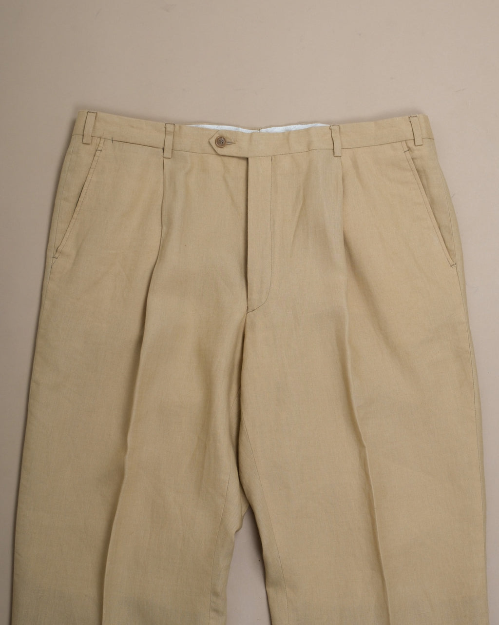 Beige Pleated High-Rise Linen Trousers