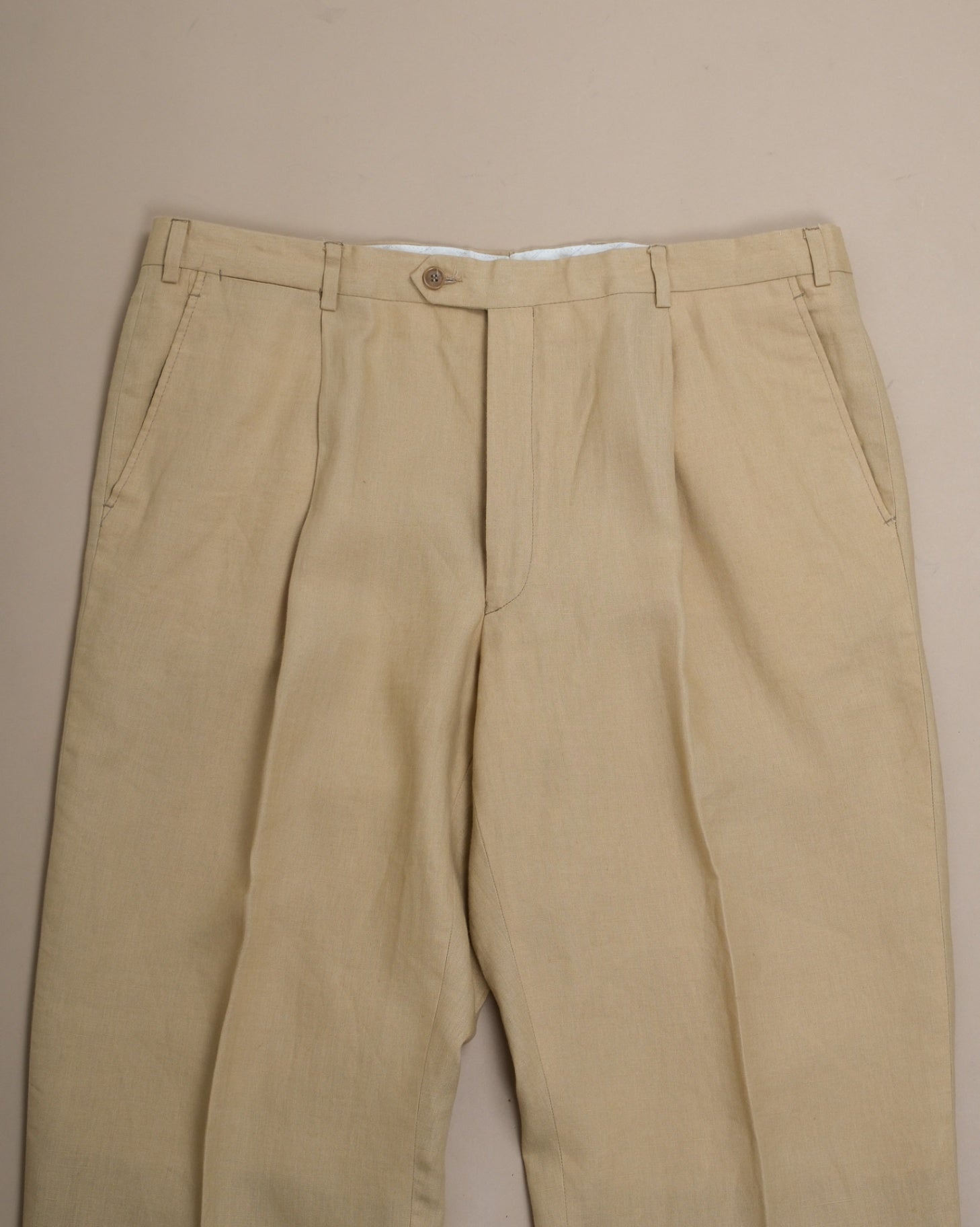 Beige Pleated High-Rise Linen Trousers