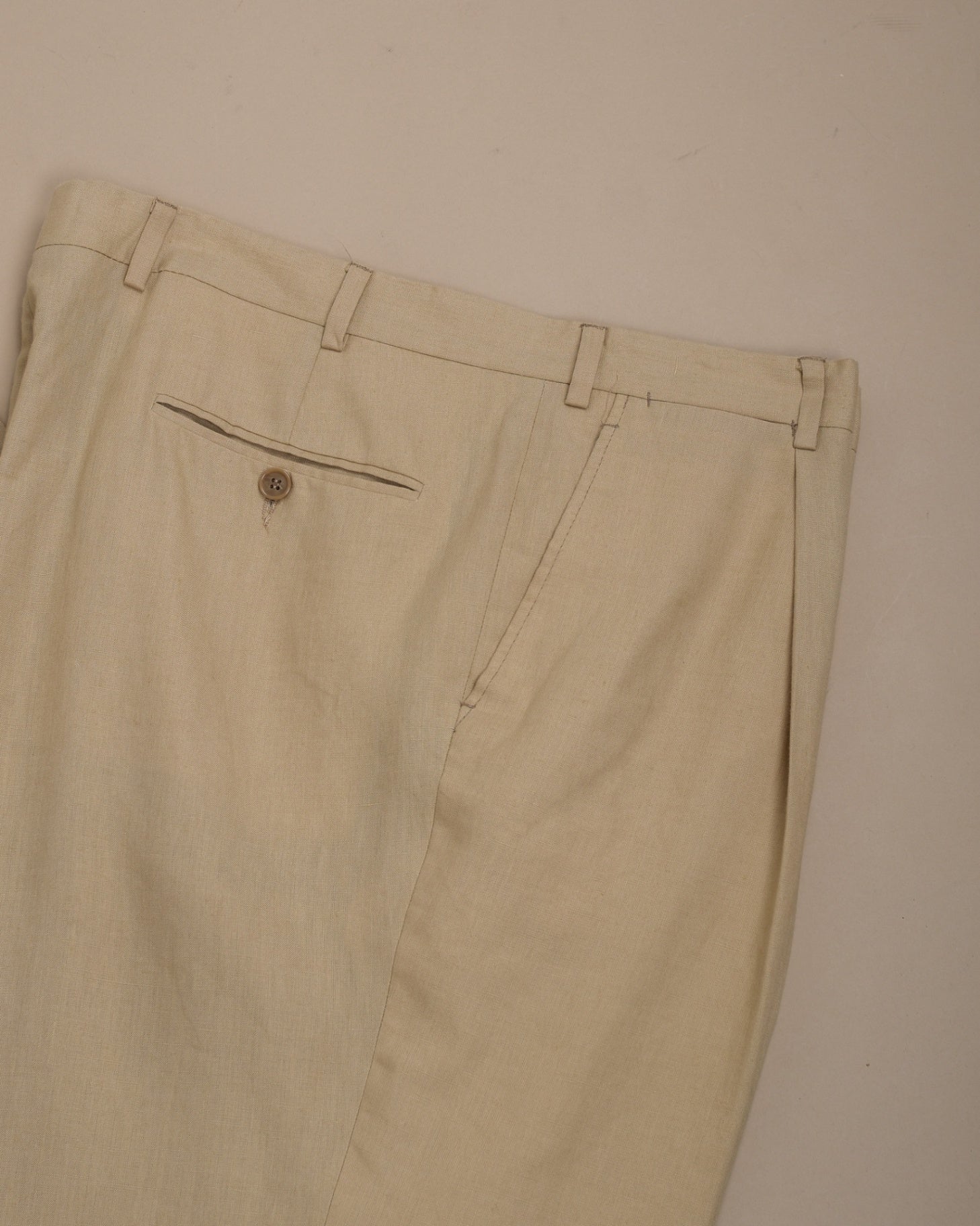 Beige Pleated High-Rise Linen Trousers