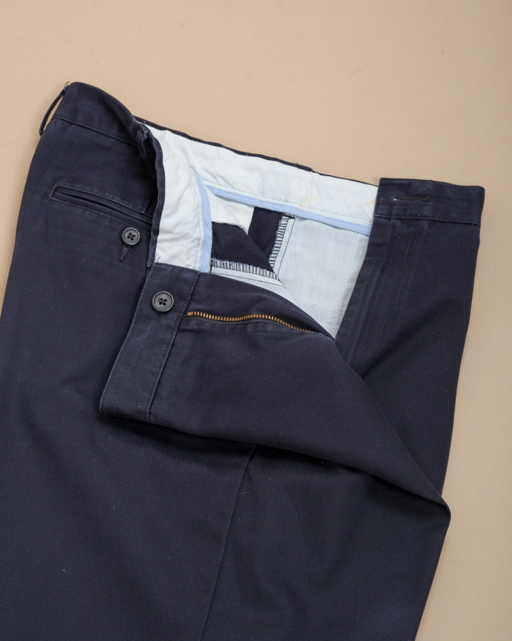 Navy High-Rise Pleated Cotton Twill Trousers