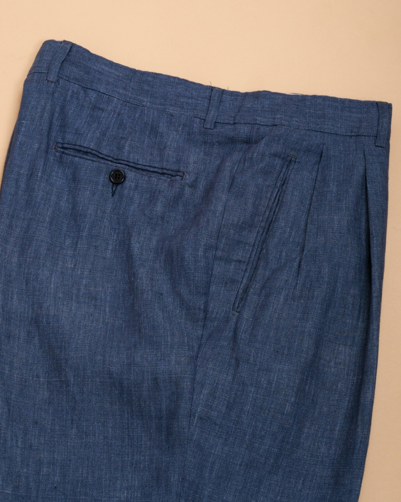 Blue Pleated High-Rise Linen Trousers
