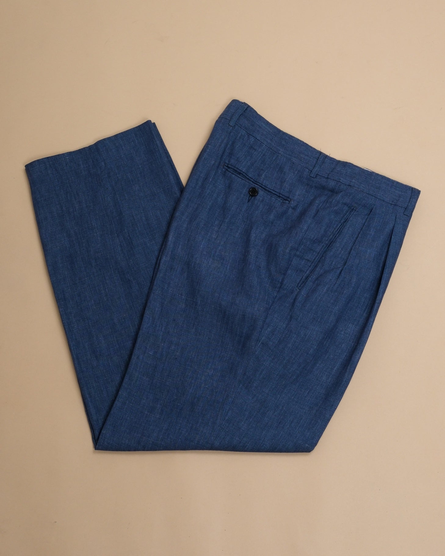 Blue Pleated High-Rise Linen Trousers