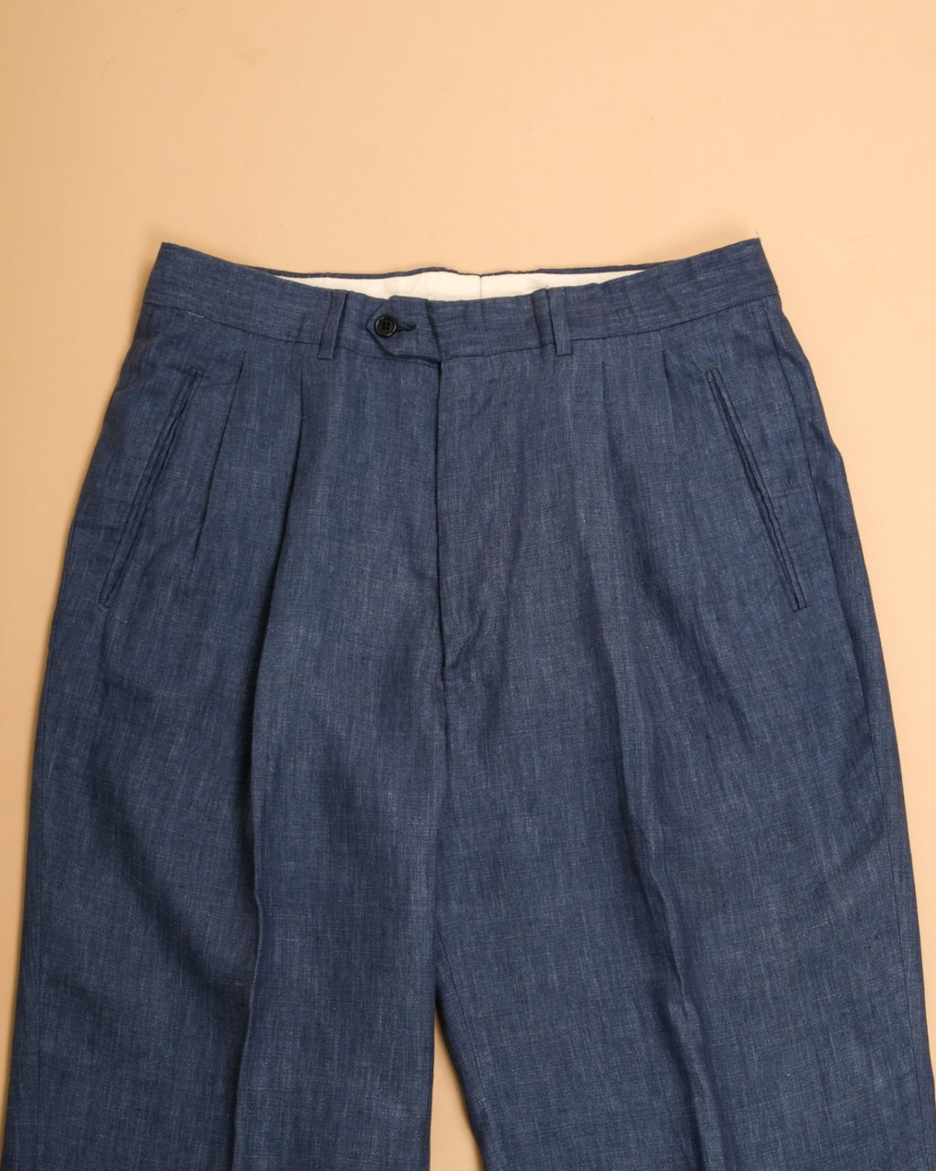 Blue Pleated High-Rise Linen Trousers