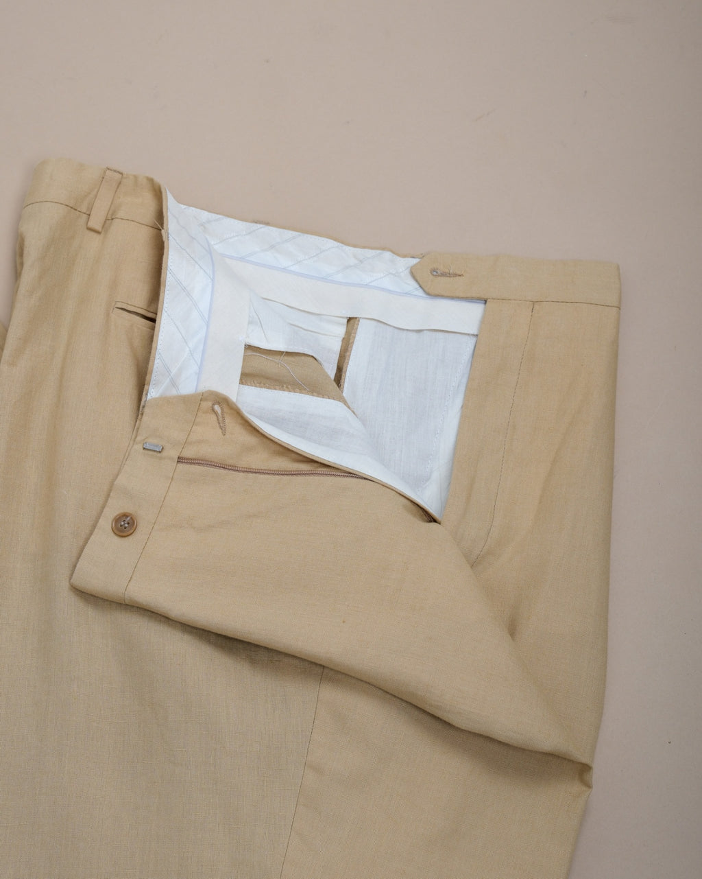 Beige Pleated High-Rise Linen Trousers