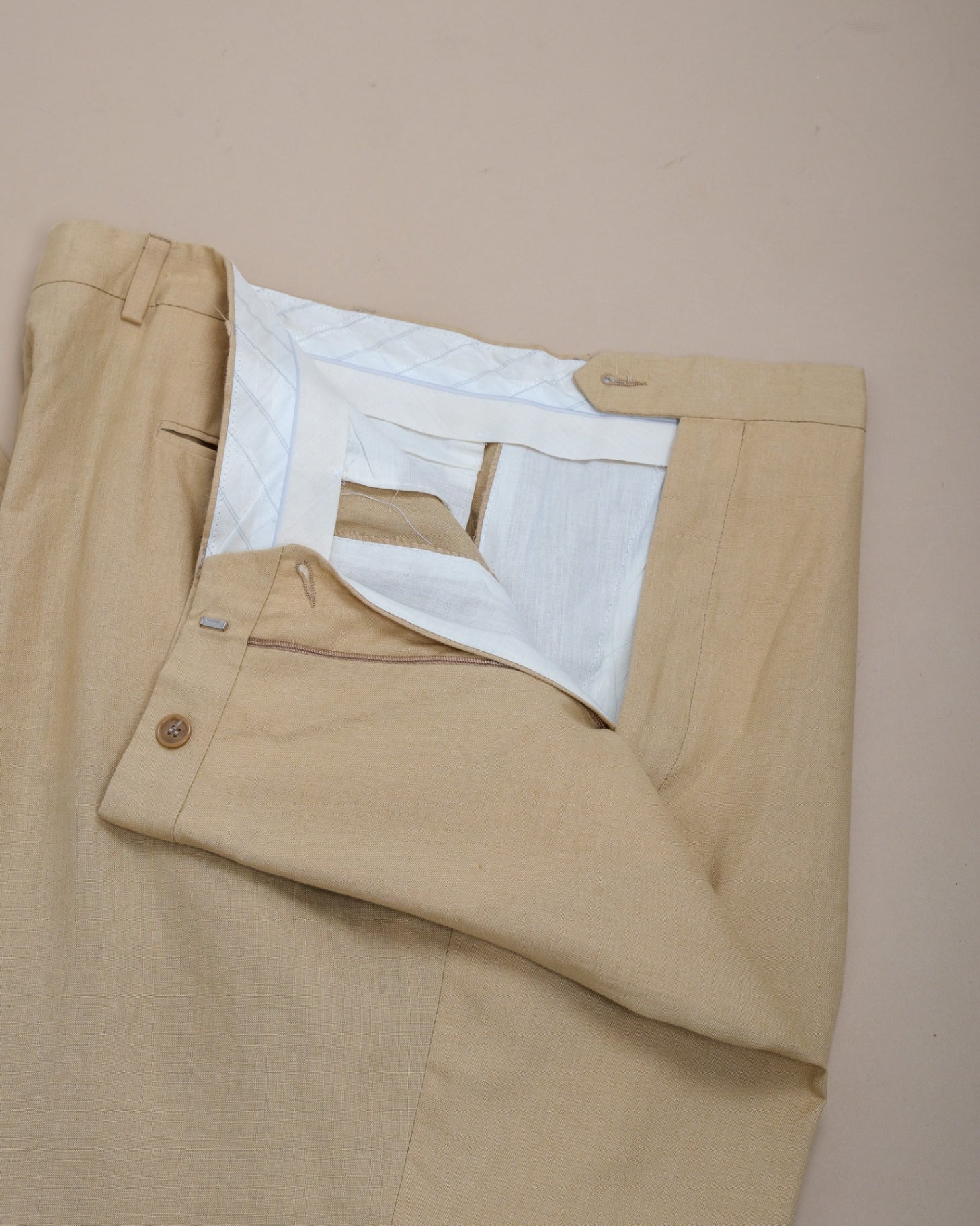 Beige Pleated High-Rise Linen Trousers