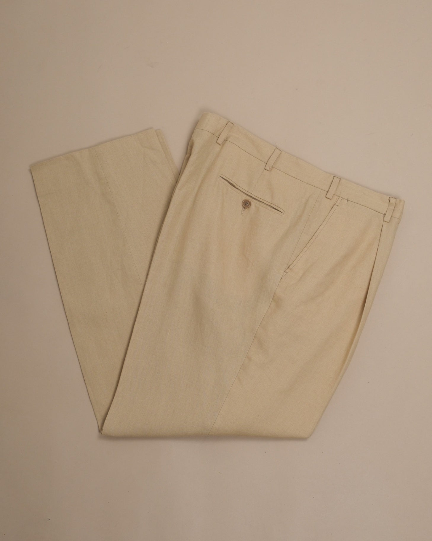 Beige Pleated High-Rise Linen Trousers