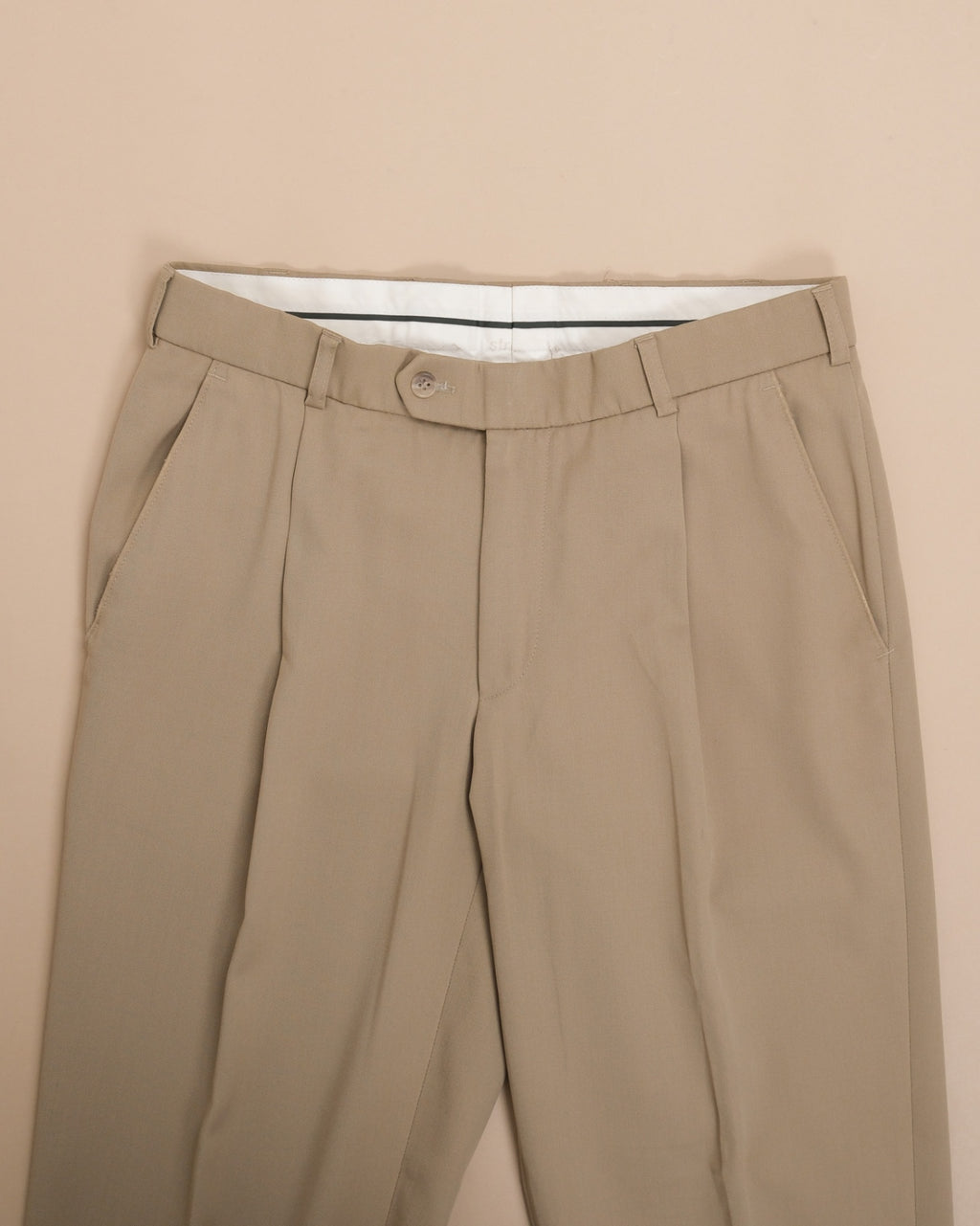 Beige Pleated Wool Blend Twill Trousers