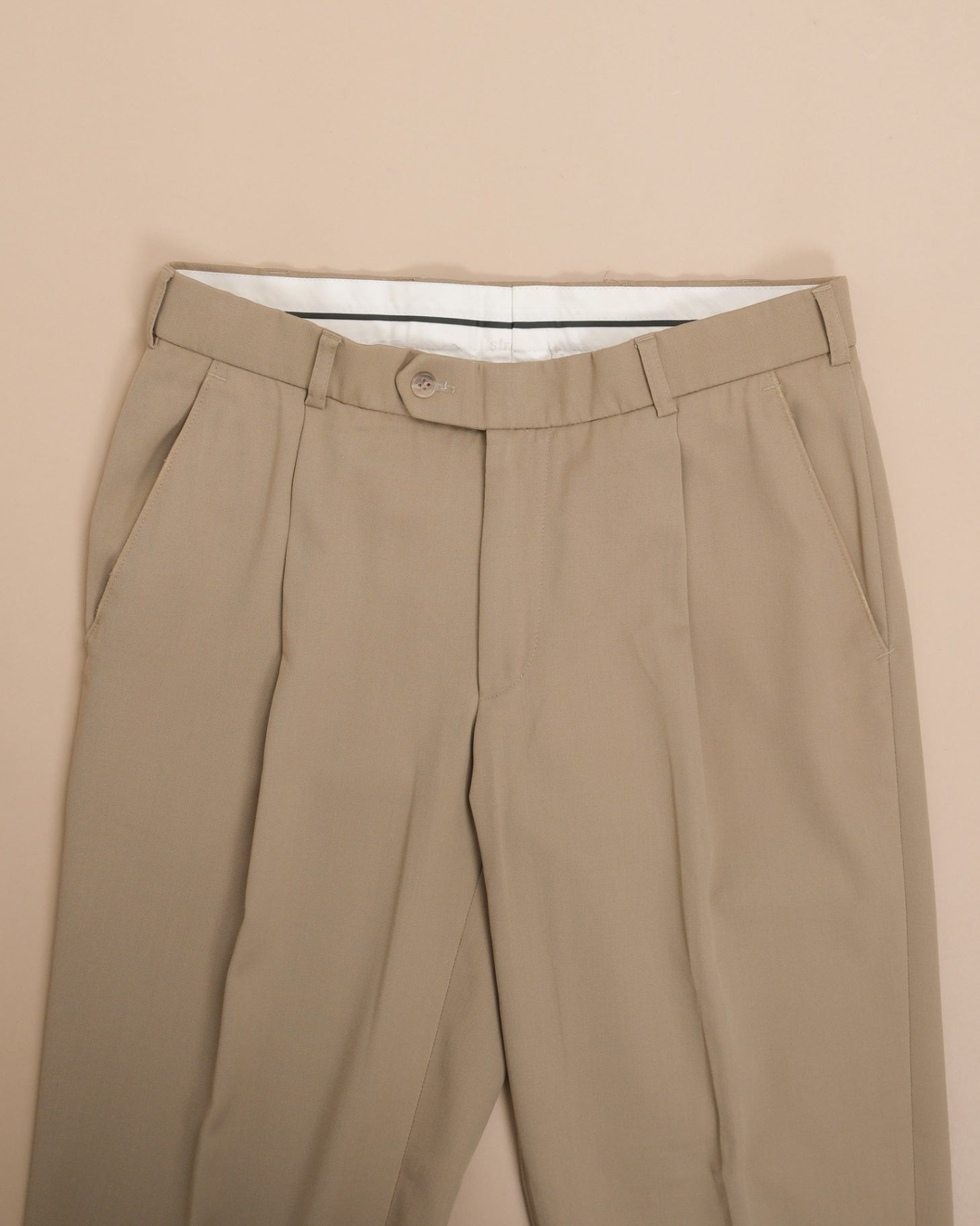 Beige Pleated Wool Blend Twill Trousers