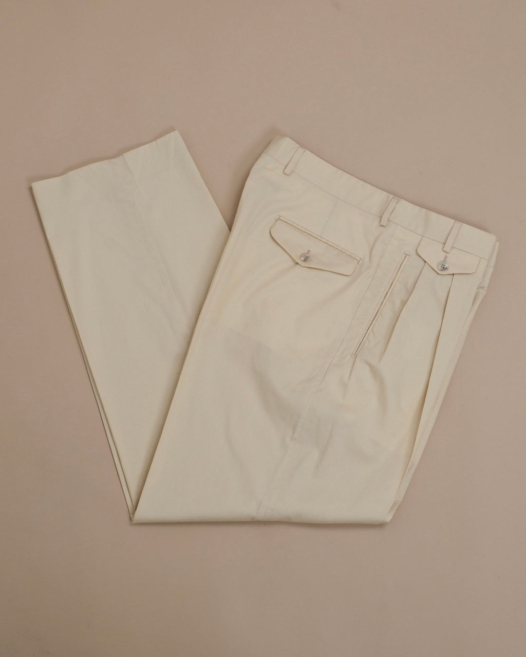 Warm Beige Cotton Twill Pleated High-Rise Trousers