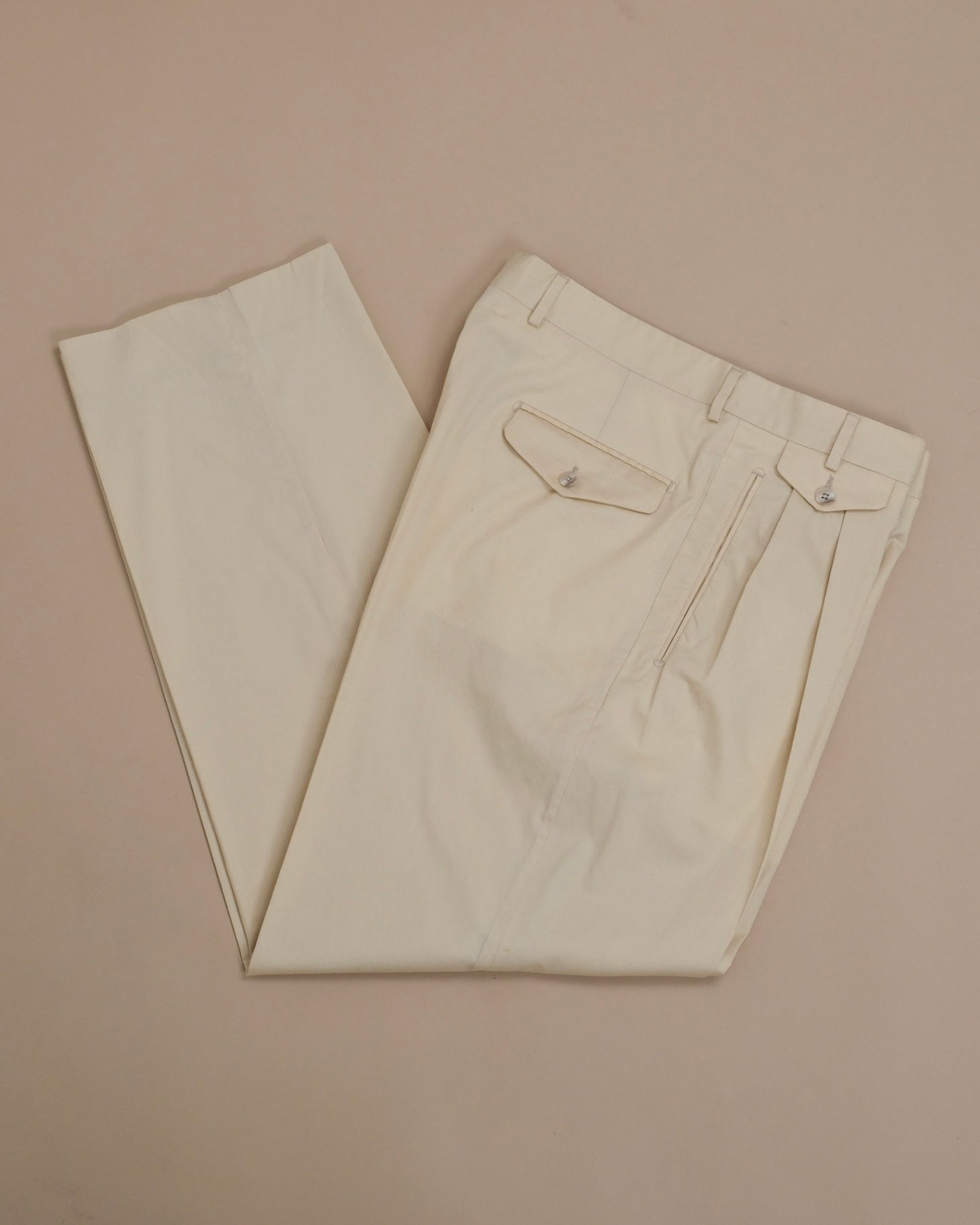 Warm Beige Cotton Twill Pleated High-Rise Trousers