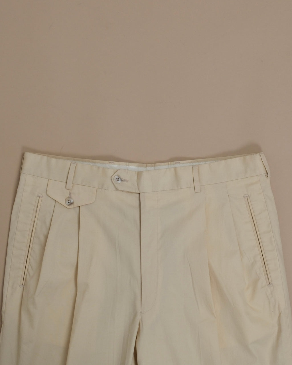 Warm Beige Cotton Twill Pleated High-Rise Trousers