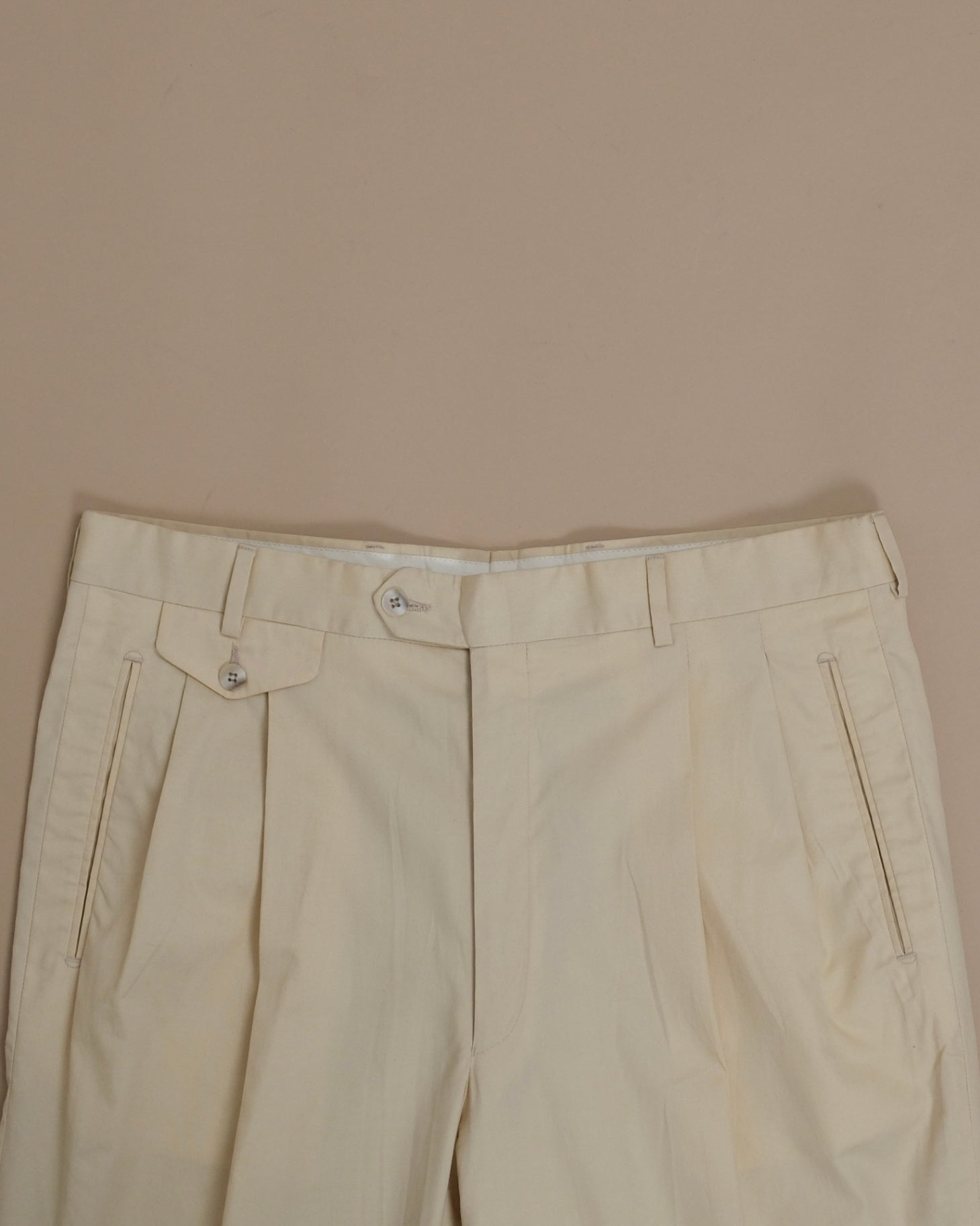 Warm Beige Cotton Twill Pleated High-Rise Trousers