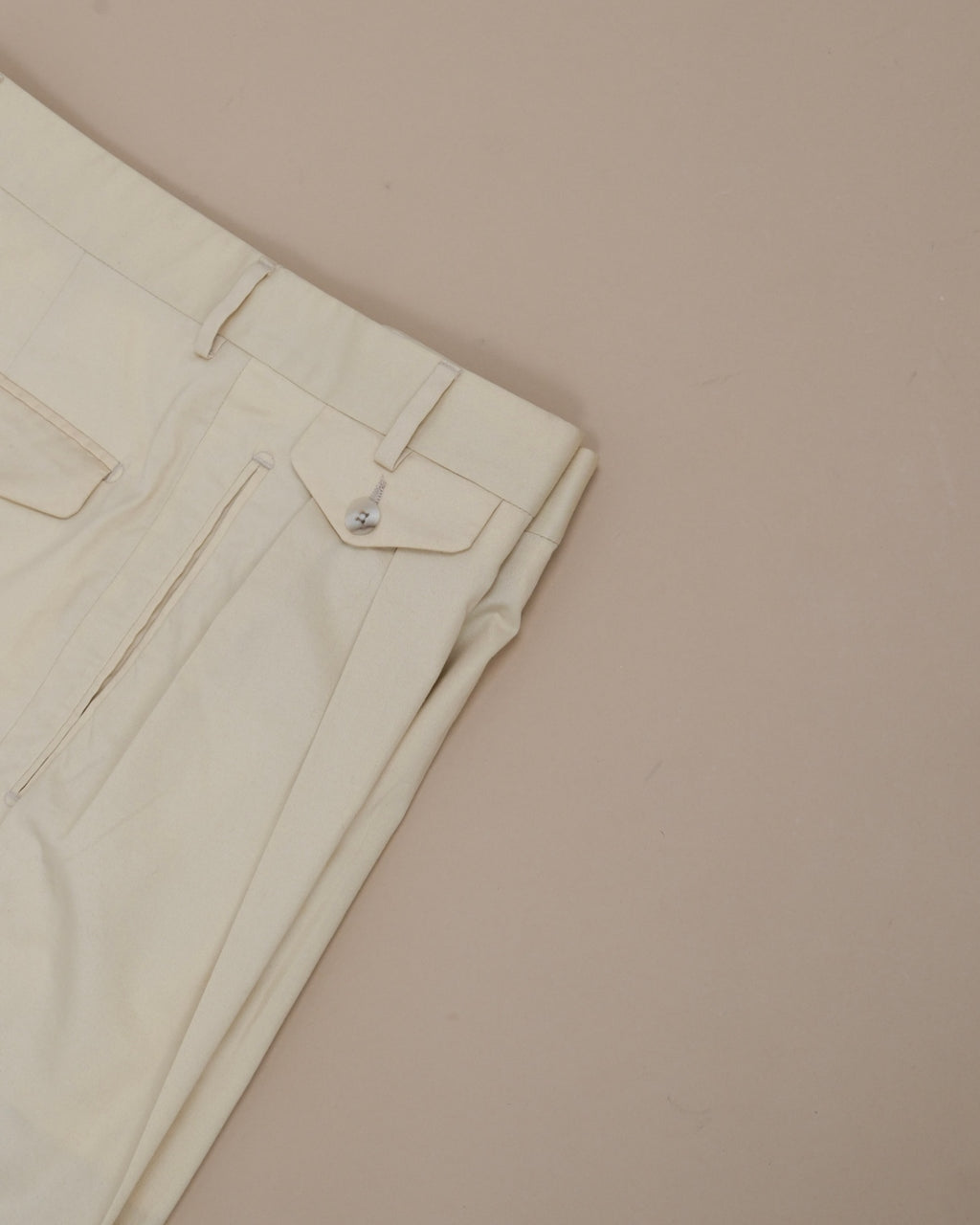 Warm Beige Cotton Twill Pleated High-Rise Trousers