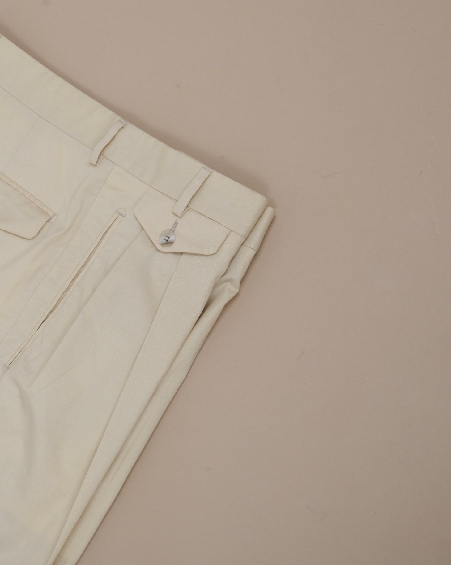 Warm Beige Cotton Twill Pleated High-Rise Trousers