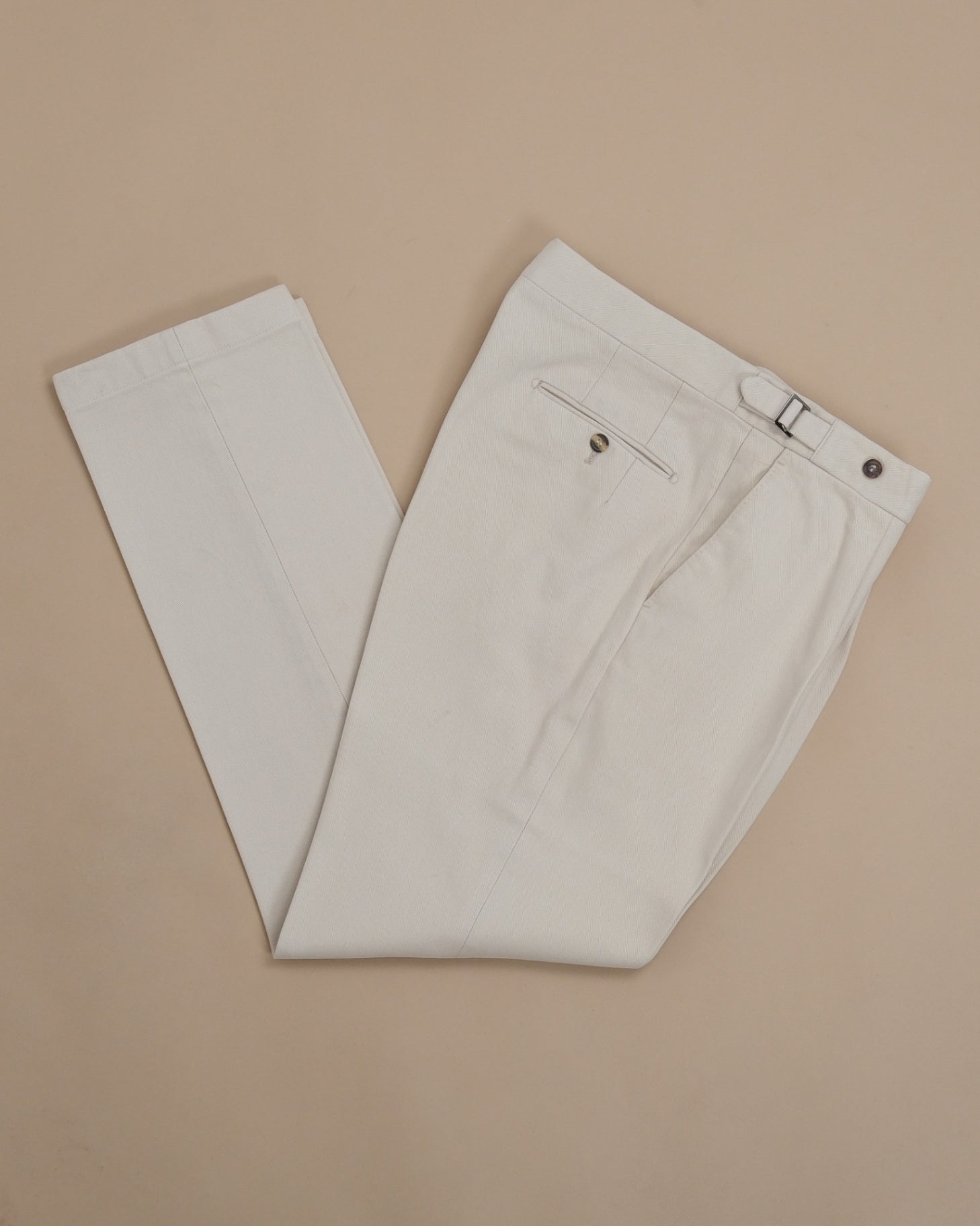 Light Beige Sturdy Twill High-Rise Pleated Trousers