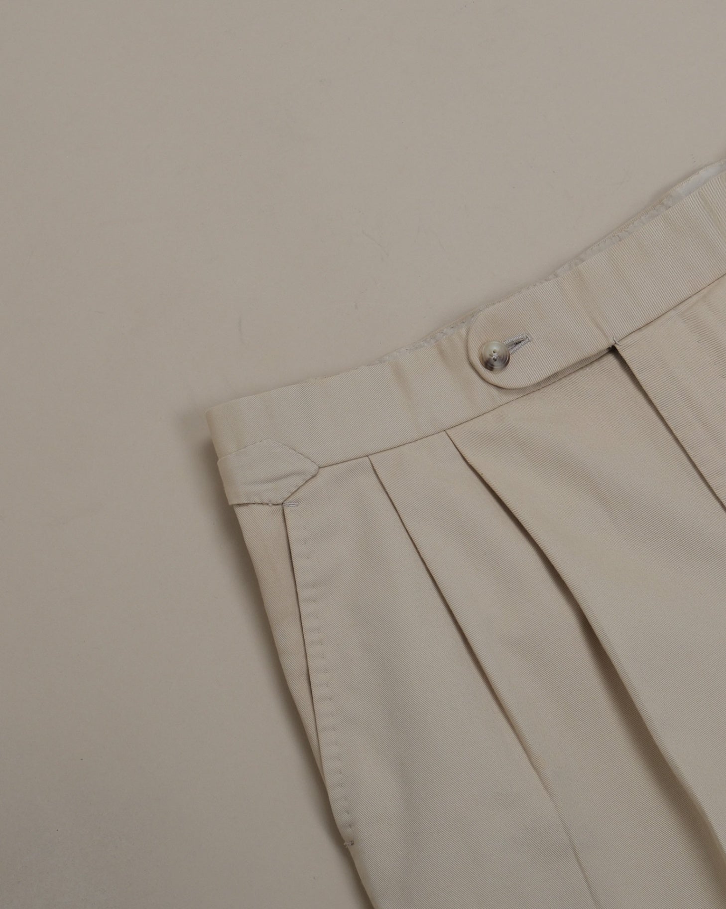 Beige Cotton Twill High-Rise Pleated Trousers