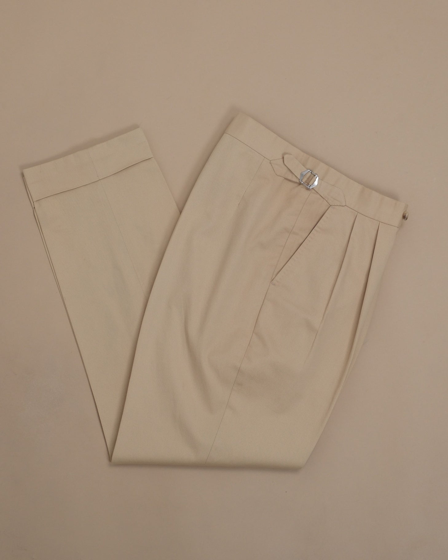 Beige Cotton Twill High-Rise Pleated Trousers