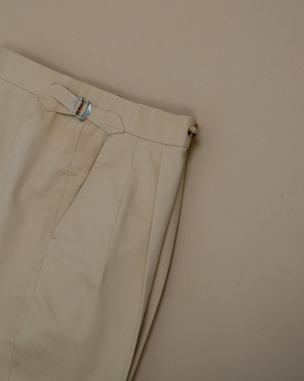 Beige Cotton Twill High-Rise Pleated Trousers