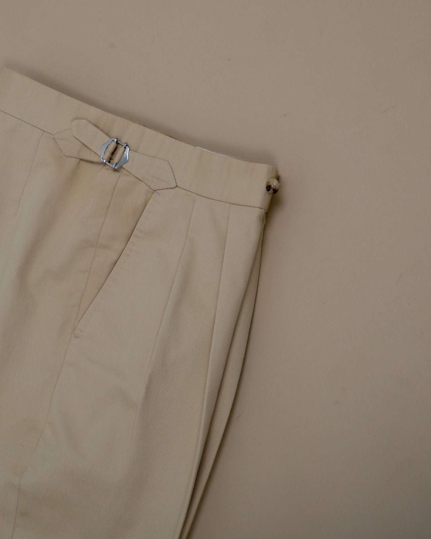 Beige Cotton Twill High-Rise Pleated Trousers