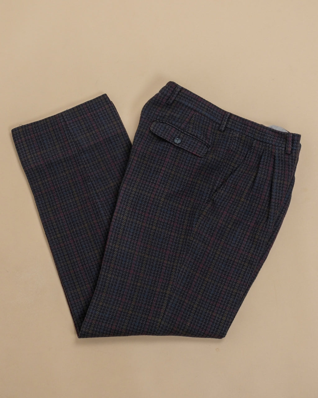Navy Full-Cut Overcheck Herringbone Virgin Wool Trousers
