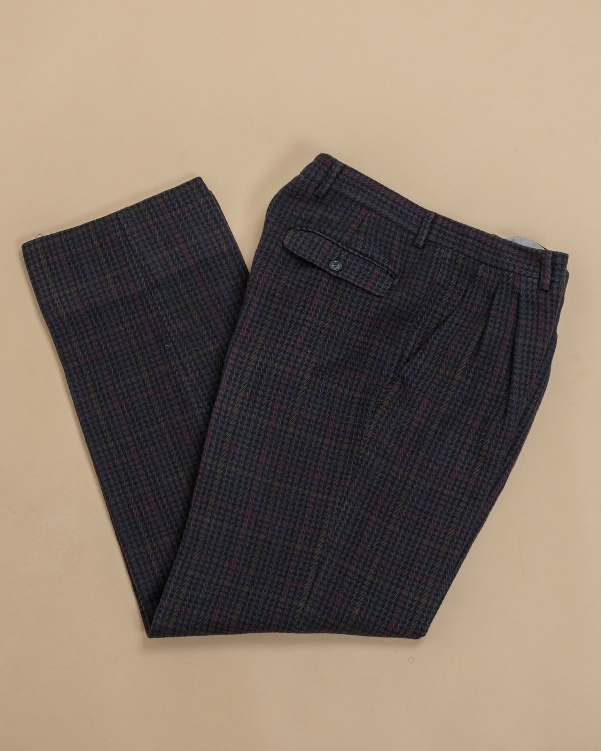 Navy Full-Cut Overcheck Herringbone Virgin Wool Trousers