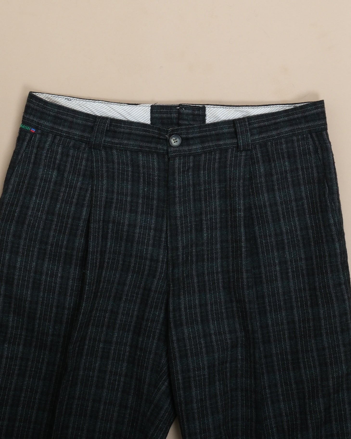 Green/Grey Full-Cut Wool Blend Trousers