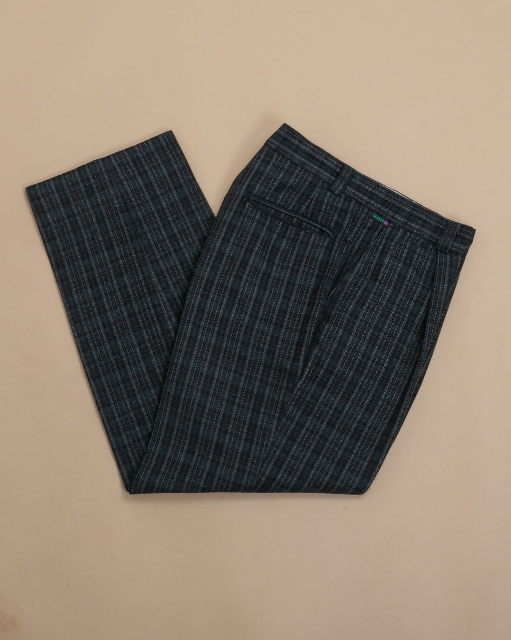 Green/Grey Full-Cut Wool Blend Trousers