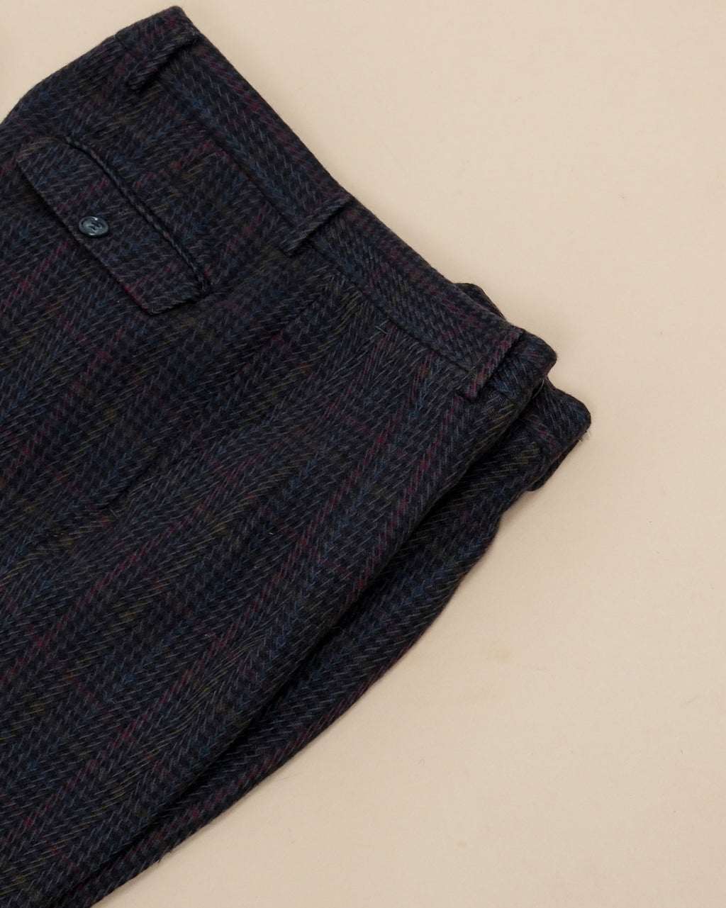 Navy Full-Cut Overcheck Herringbone Virgin Wool Trousers