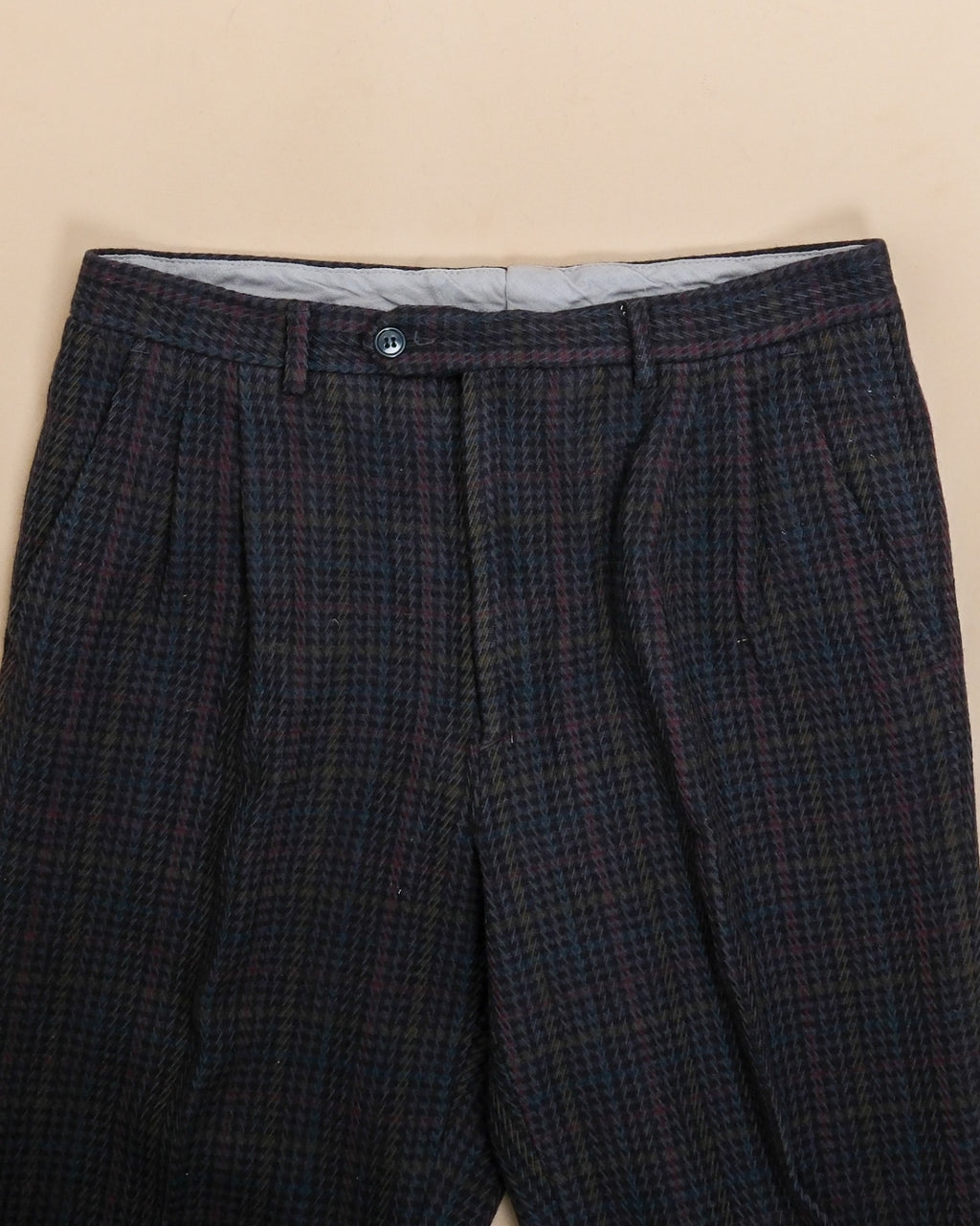 Navy Full-Cut Overcheck Herringbone Virgin Wool Trousers