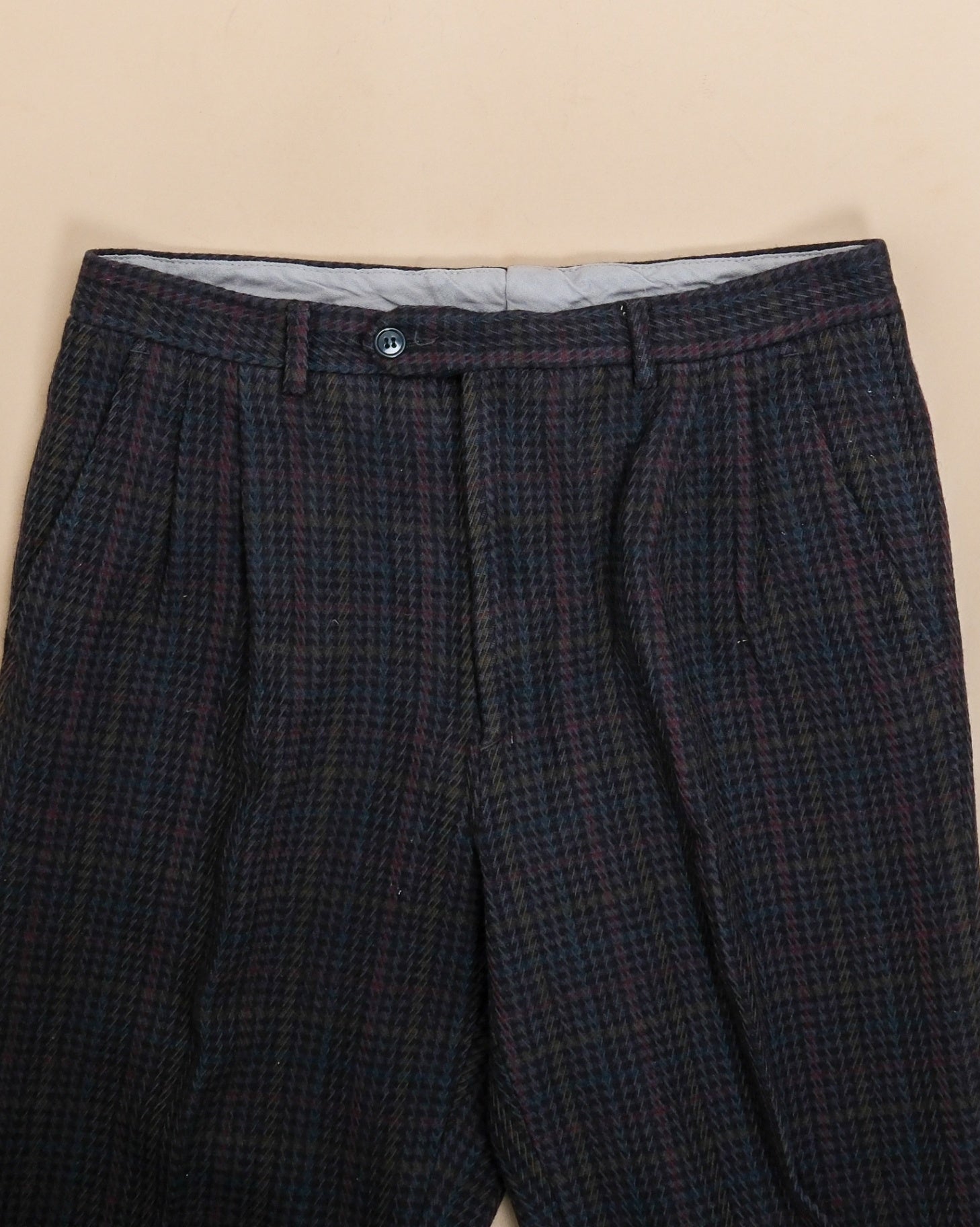 Navy Full-Cut Overcheck Herringbone Virgin Wool Trousers