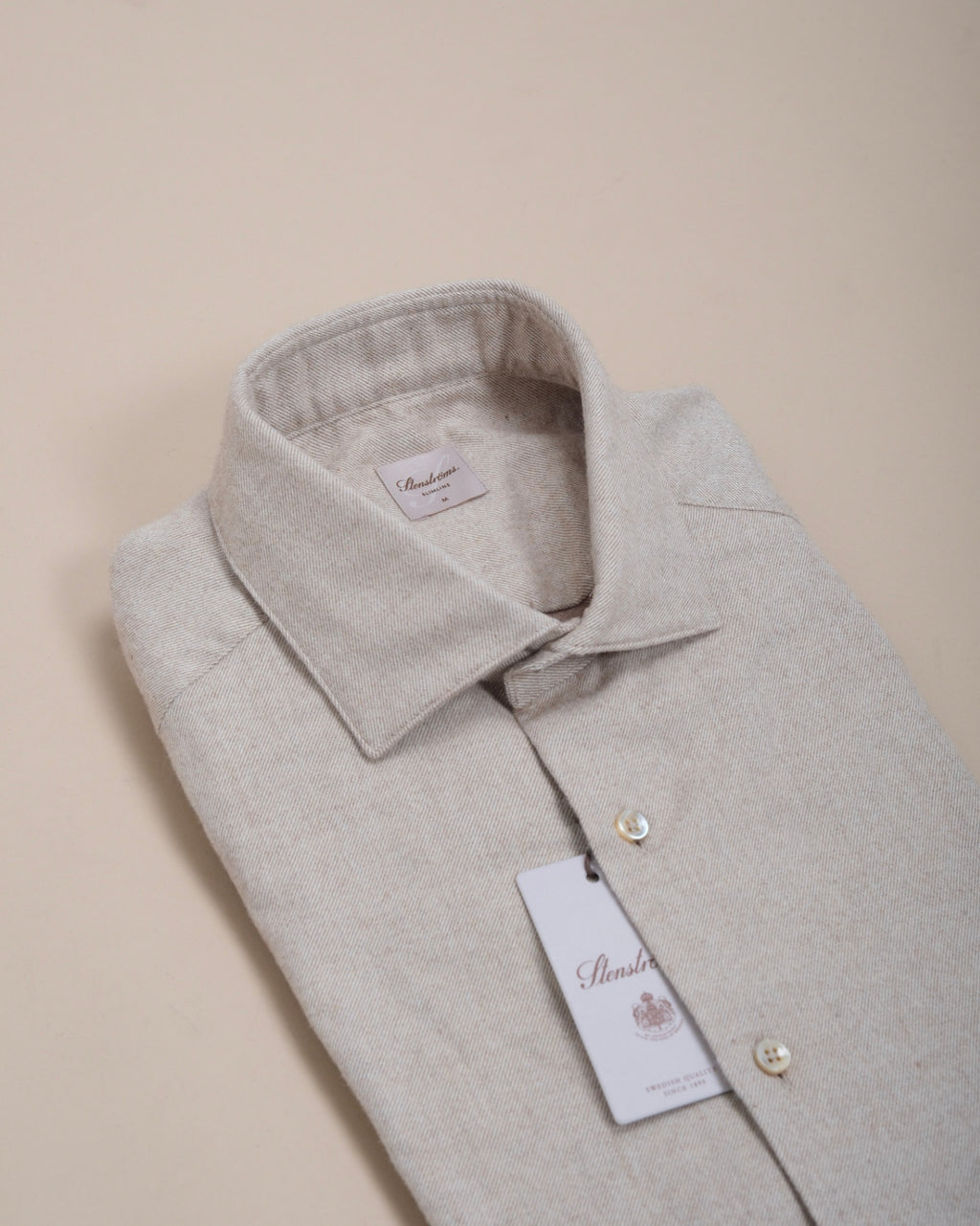 Beige Cotton Flannel Twill Shirt, Slimline