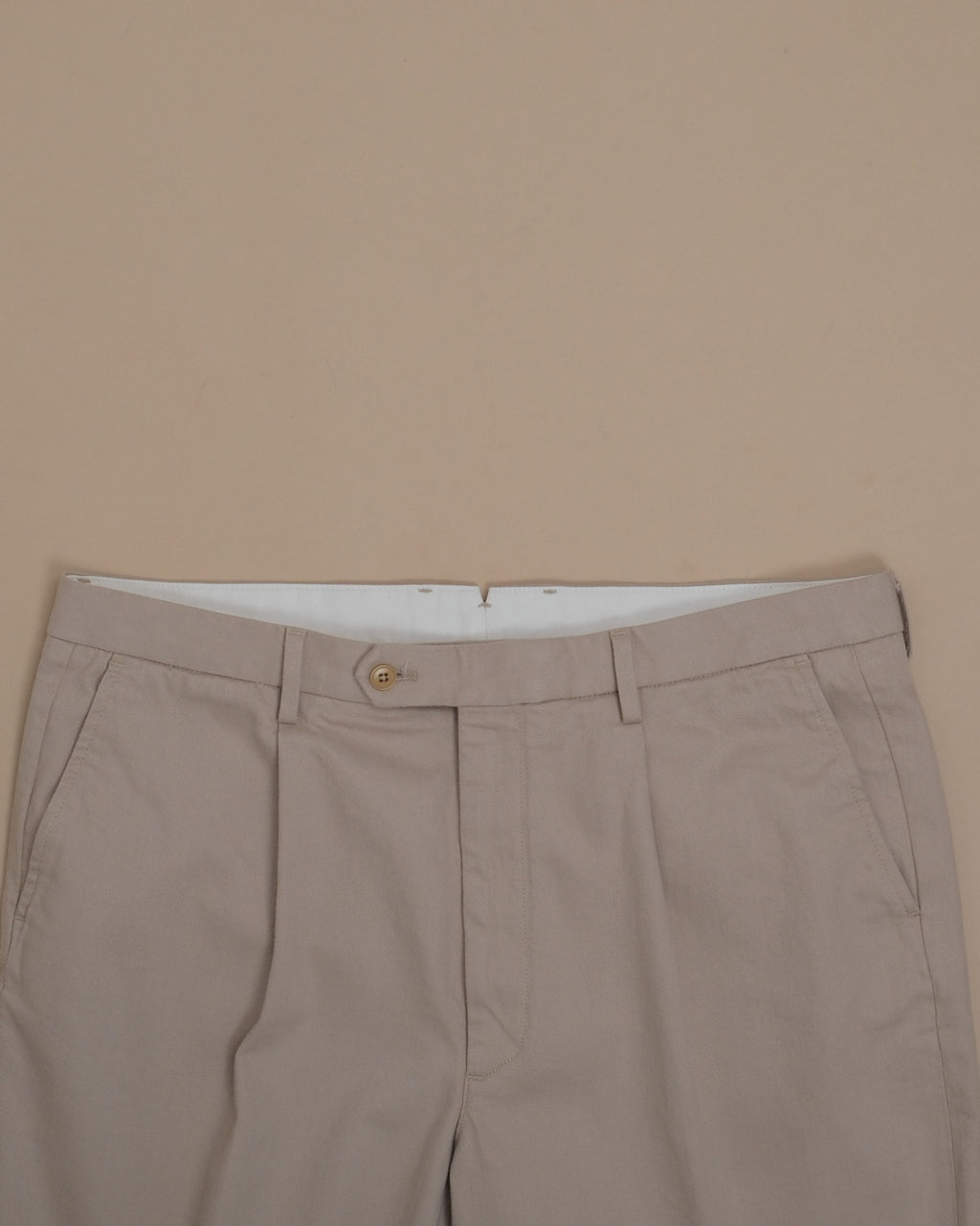 Beige Cotton Twill High-Rise Pleated Trousers