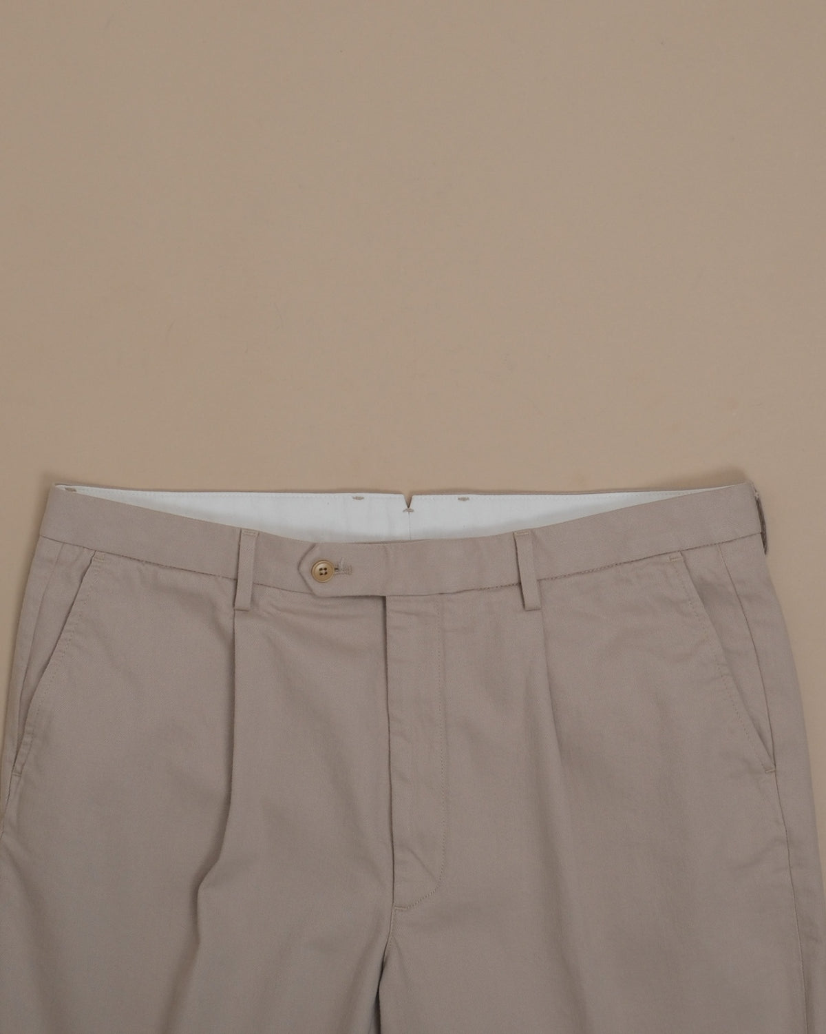Beige Cotton Twill High-Rise Pleated Trousers
